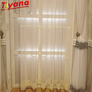 

Luxury Embroidered Tulle Curtains for Living Room Flowers Pearls Yarn Window Drapes for Bedroom White Volie Tulle X-HM470#VT