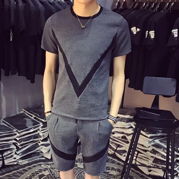 

Fashion Stripe Splicing Short Sleeve Men's Sweat Suits Set Tracksuit Casual Sporting Suit Men Tracksuit Track Survetement Homme