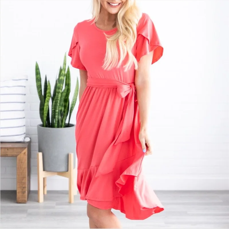 

Mother Summer Cool O Neck Parent-child Dress Ruffle Sleeve Double Hem Strap Dress Parent-child Dress Feminino Yellow 2020 New