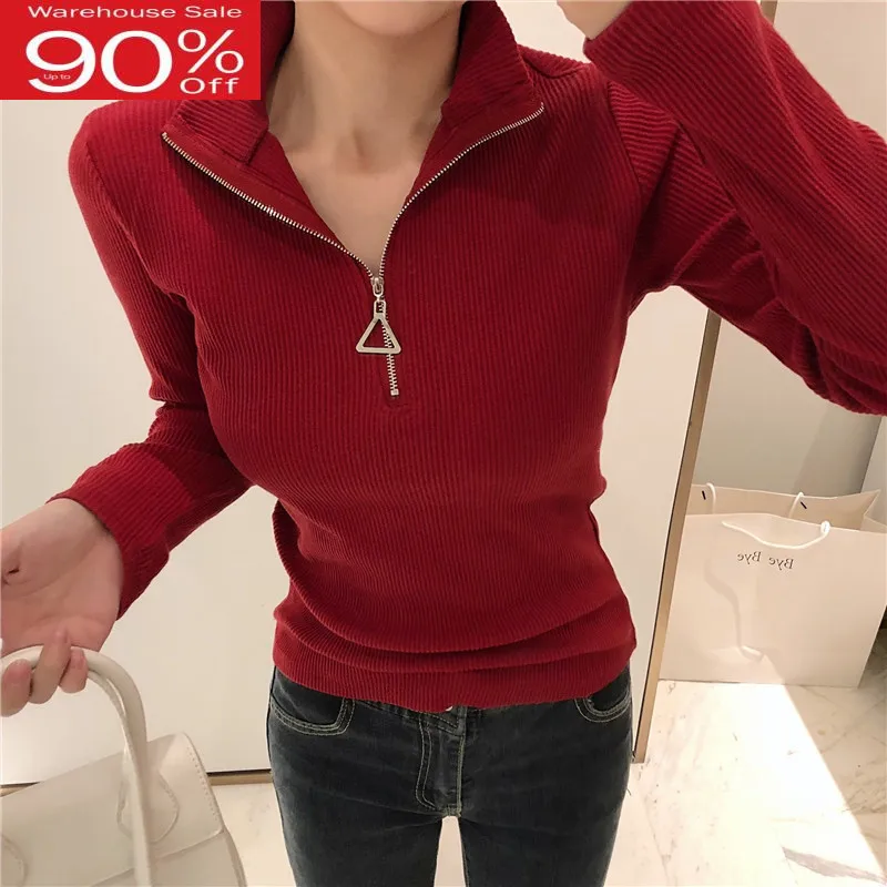 Women Sweater Thin 2020 New Autumn And Winter Zipper Slim Female Knitted Pullover Korean Style Teenager Girl White Black Red A03 | Женская