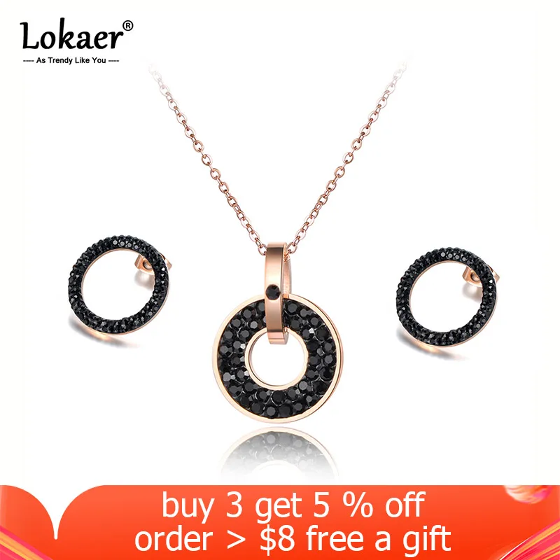 Lokaer Trendy White/Black CZ Rhinestone Necklace Earrings Sets Titanium Steel Rose Gold Color Wedding Jewelry For Women SE020