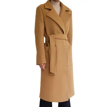 

new arrival autumn winter fashion belted Women wool blends coat slim turn-down collar long woolen coat
