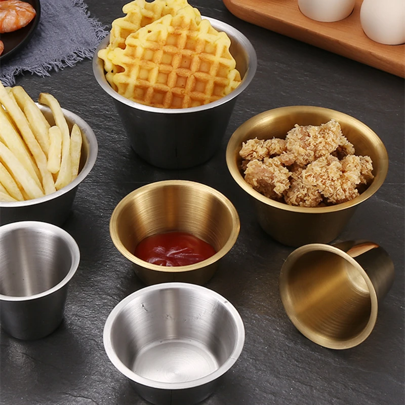 4pcs Stainless Steel Food Dipping Bowl Sauce Cup Seasoning Dish Saucer Appetizer Plates Ketchup Sauce Container (Size S + Size M + 2pcs Size L), Size