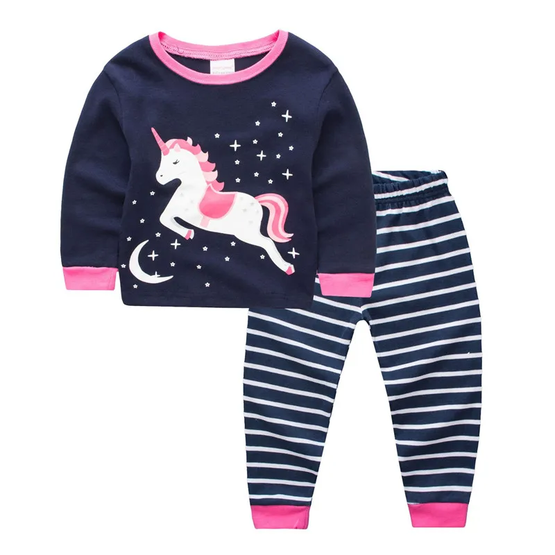 Хлопковая детская одежда для сна с единорогом для маленьких девочек, пижама с рисунком из мультфильма, топ с длинными рукавами+ штаны, пижамные комплекты из 2 предметов - Цвет: 4