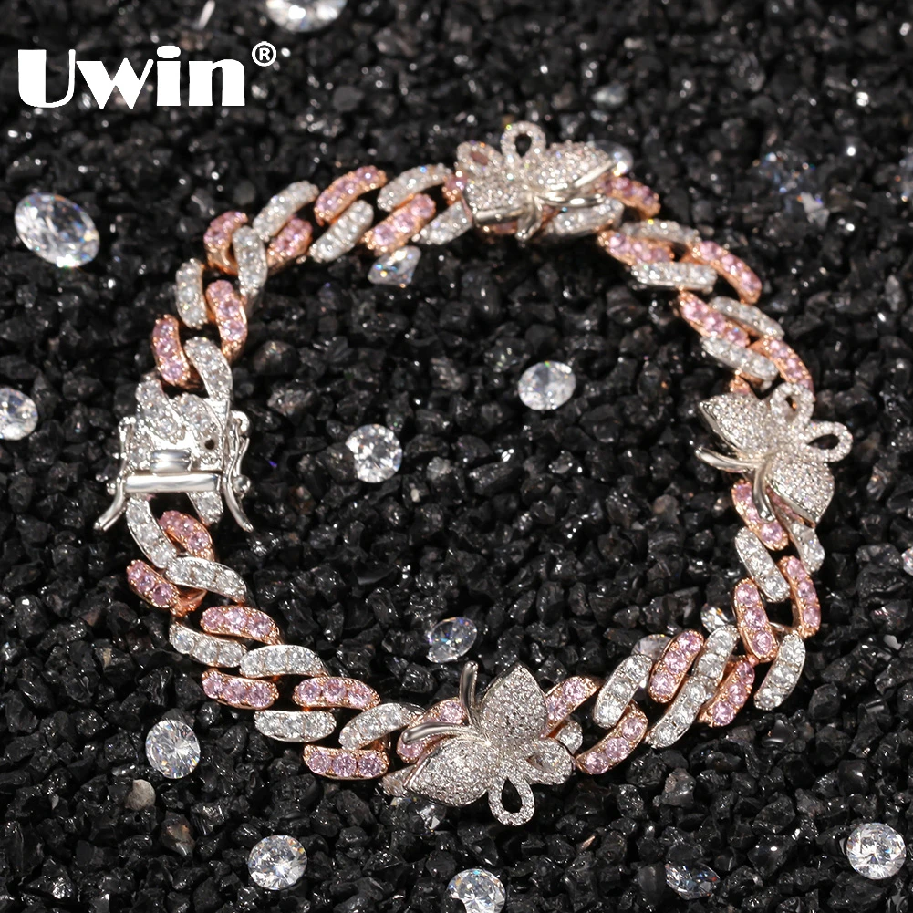 

Uwin 9mm Cuban Bracelet With Butterflies Rose Gold Color Anklets Cz Punk Miami Link Bling Bling Hip Hop Jewelry For Gift