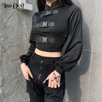 

InsDoit Vintage Gothic Cargo Buckle Black Crop Tops Harajuku Streetwear Lantern Long Sleeve Tops Women Punk Chic Autumn Tops