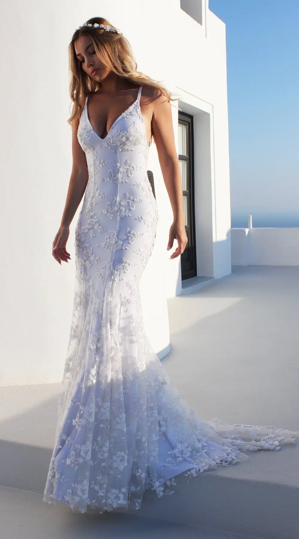 MYYBLE 2021 Charming White Lace Mermaid Bridal Wedding