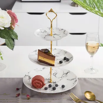 

Marble Texture Ceramic Three-layer Cake Plates Set Dessert Tray English Afternoon Tea Set Pastry Tray Shelf Fruit Dish