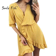 Летнее женское платье в горошек, богемный пляжный сарафан, сексуальное платье с v-образным вырезом и оборками, платья с коротким рукавом, платье нестандартного размера плюс GV103