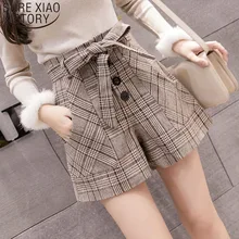 Осень-зима, модные женские короткие штаны с высокой талией, женские шорты, повседневные клетчатые шорты с бантом и пуговицами, женские шорты серого цвета и цвета хаки, 6305 50