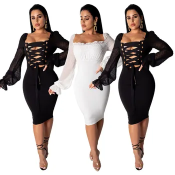 

Women's Sexy Straps Floating Point Bamboo Section Waist Hood Straps Casual Chiffon Stitching Long-sleeved Pencil Dress