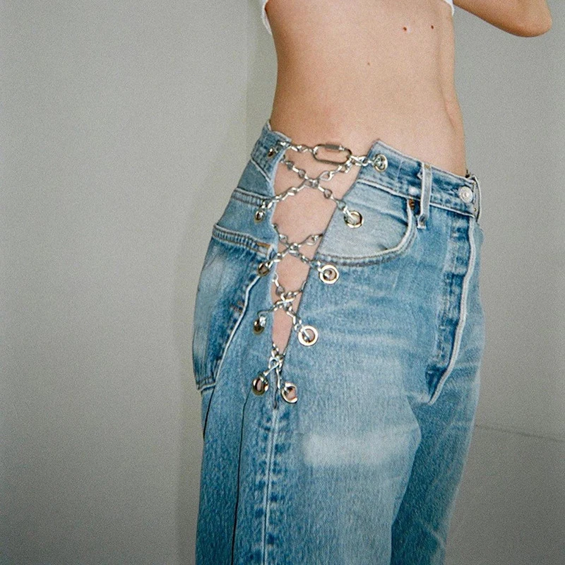 High Waist Women Straight Jeans Chain 