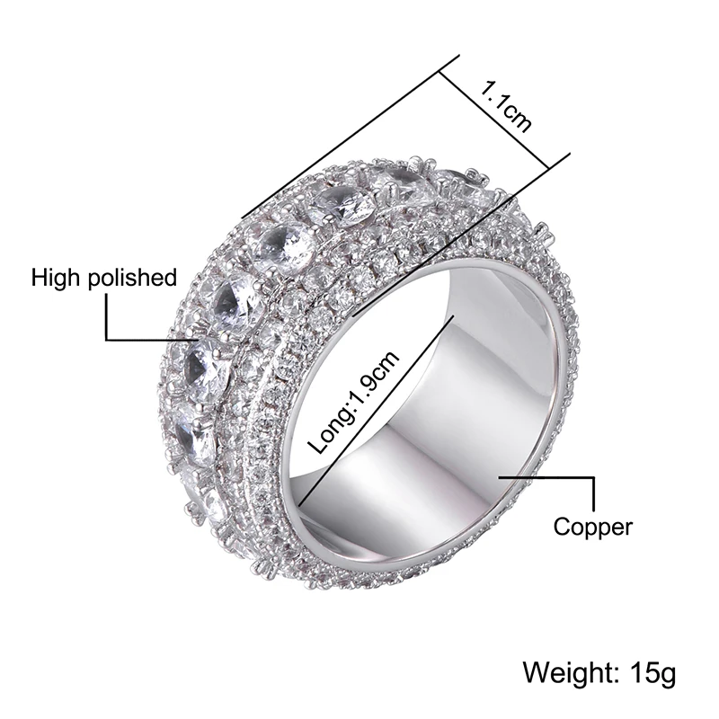5 ряд теннис Iced Out Bling Полный CZ Шарм Tready медь, кубический цирконий кольцо для мужчин хип-хоп ювелирные изделия золото серебро Размер 8-11
