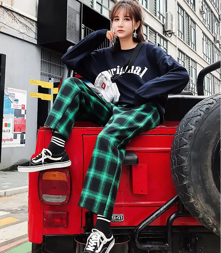 Решетки девять брюки женские осенние новые свободные Harajuku ретро Высокая талия широкие брюки