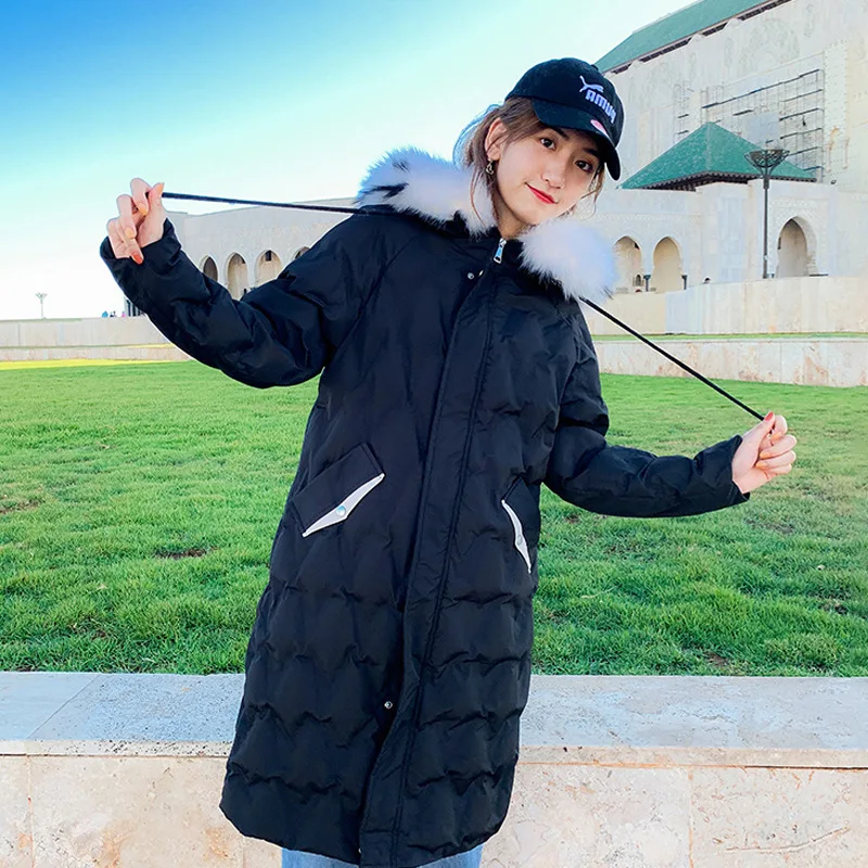 

2019 Winter New Style Korean-style Large Fur Collar Students Long Cotton-padded Clothes Women's Slim Fit over-the-Knee Cotton Co