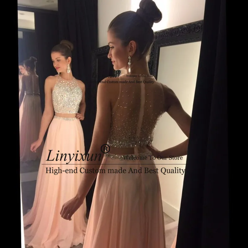 Roze Prom Dress 2020 Crystal Kralen Top Tulle Elegante Lange Prom Gown See Through Back Sweep Trein Chiffon Avondjurk Roze Prom Dress 2020 Crystal Kralen Top Tulle Elegante Lange Prom Gown See Through Back Sweep Trein Chiffon Avondjurk