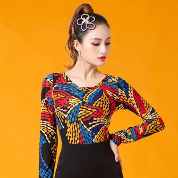 

Fashion O-neck Flower Print Modern Sexy Latin dance clothes top for women/female,Ballroom tango Costume performance wears YT1013