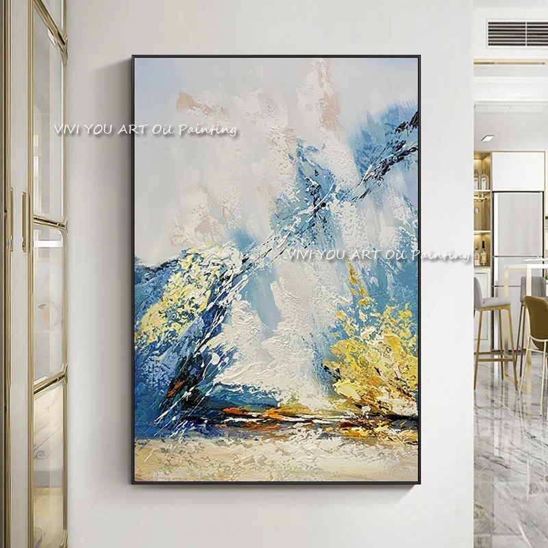 

100% Handmade Large Size Abstract Thick Canvasl Gold Foil oil painting Blue Picture Landscape Modern for Home Living Room Decor