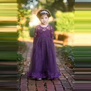 

Purple Flower Girl Dresses Lace Appliques Bow Back Round Neck Long Sleeves Little Children Pageant A-line Long Gowns comunione