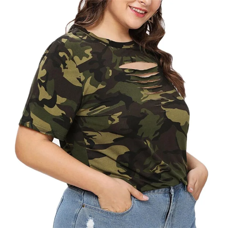 

New Summer Women Tshirt Tops Plus Size Camouflage Military Fashion Hollow Out Female T-Shirt Camo Lady Tee Shirt Camicette
