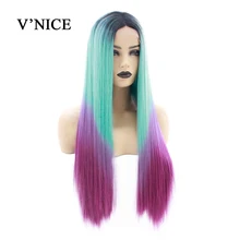 V'NICE Blue Purple Synthetic Lace Front Wig for Women Natural Glueless Ombre Straight Long Middle Part Wigs Heat Resistant Hair