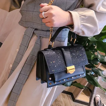 

2020 new women's bag solid color sequin zipper small square bag waterproof shoulder bag fashion travel messenger bag handbag