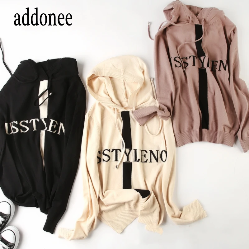 Fashion Letter Pattern Spring Autumn Winter Women Cashmere Knit Sweater Hooded Collar Pullovers Casual Loose Soft High Street | Женская