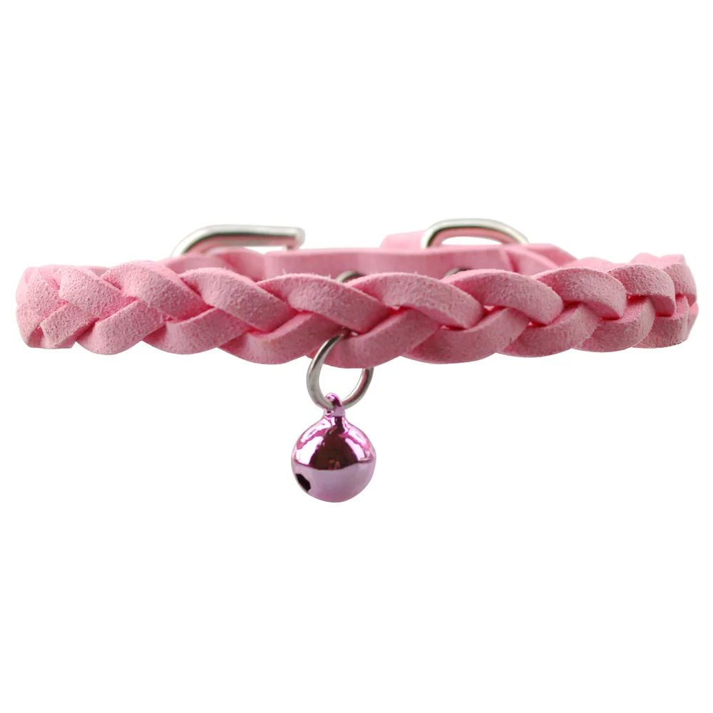 pink Ошейник для питомца, собаки, кошки, мягкий замшевый Кожаный Плетеный ошейник с колокольчиком, щенком, котенком, регулируемый шейный ремень, галстук, милый галстук, товары для домашних животных - Цвет: pink