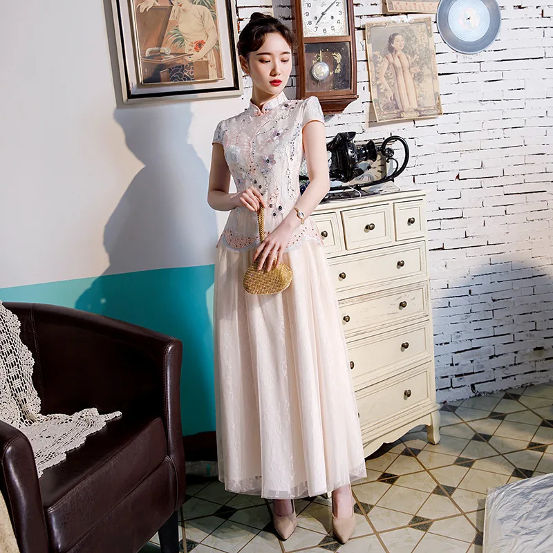 Элегантное китайское женское улучшенное qipao платье подружки невесты для свадебной вечеринки vestidos кружевное Сетчатое cheongsam облегающее готическое платье