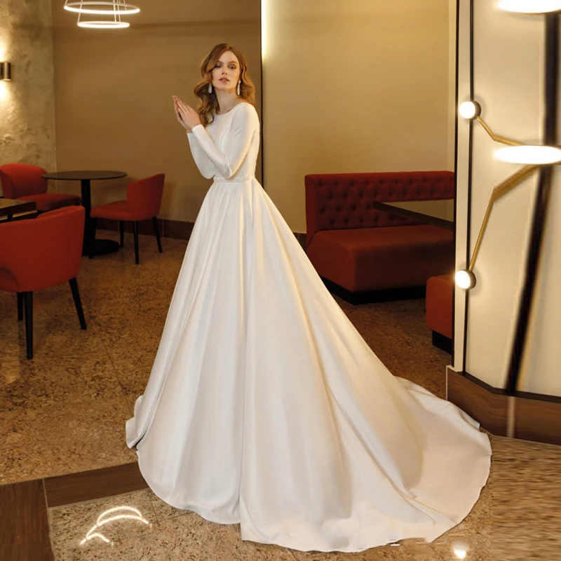 

Thinyfull 2021 Elegant Satin Wedding Dresses Long Sleeves Lace Appliques Illusion Vintage Mariage Gowns Abiti Da Sposa