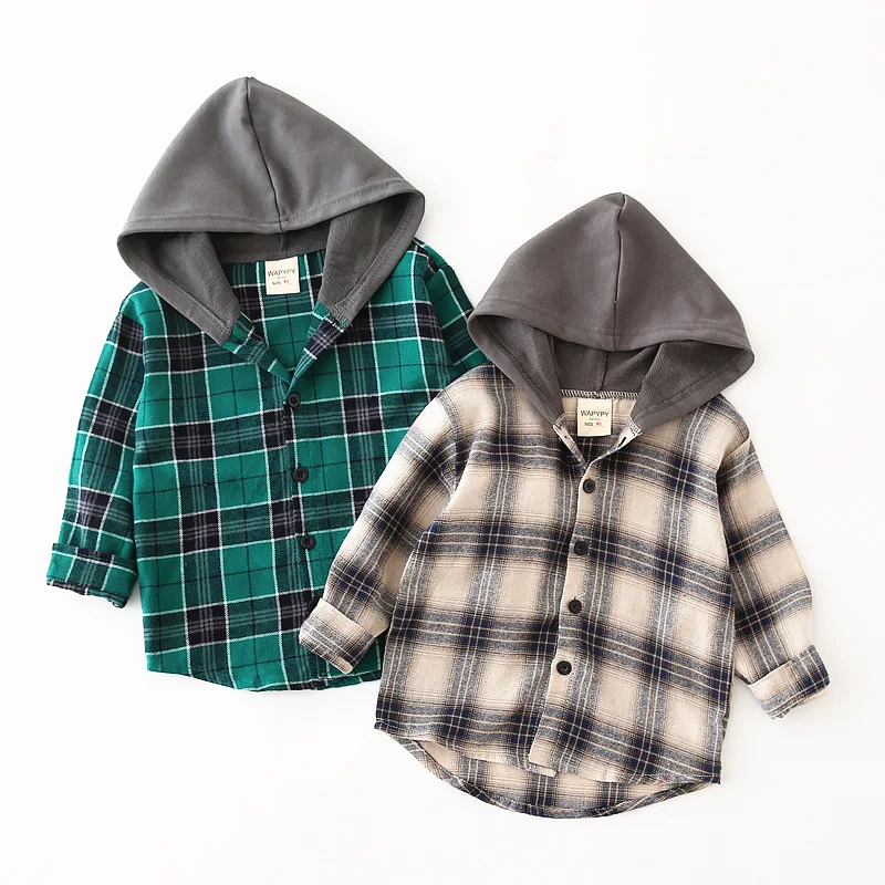 Korean children Clothing Boys long-sleeved shirt baby with a hat plaid shirt in the children's spring and autumn cloth