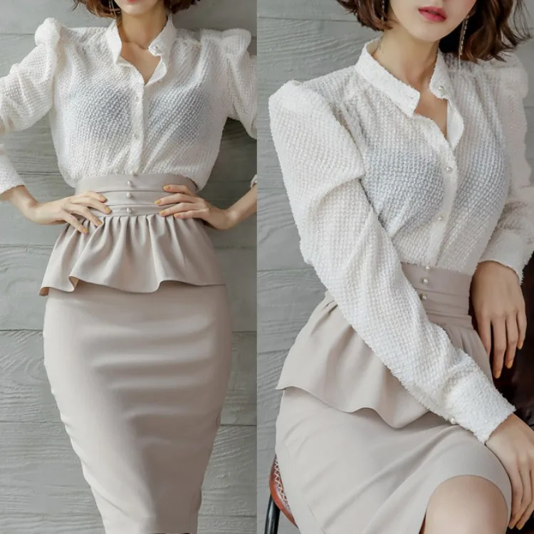 

2019 New Style Two-Piece Set Elegant Debutante Shirt Tops Fashion High-waisted Flounced Skirt Set