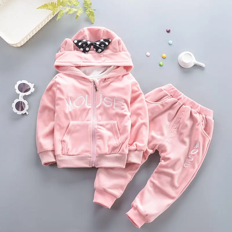 pink2 Комплекты одежды для маленьких мальчиков, зимний теплый спортивный костюм для девочек, модные Бархатные Теплые Топы+ штаны, детский спортивный костюм из 2 предметов для 1-4 лет - Цвет: pink2