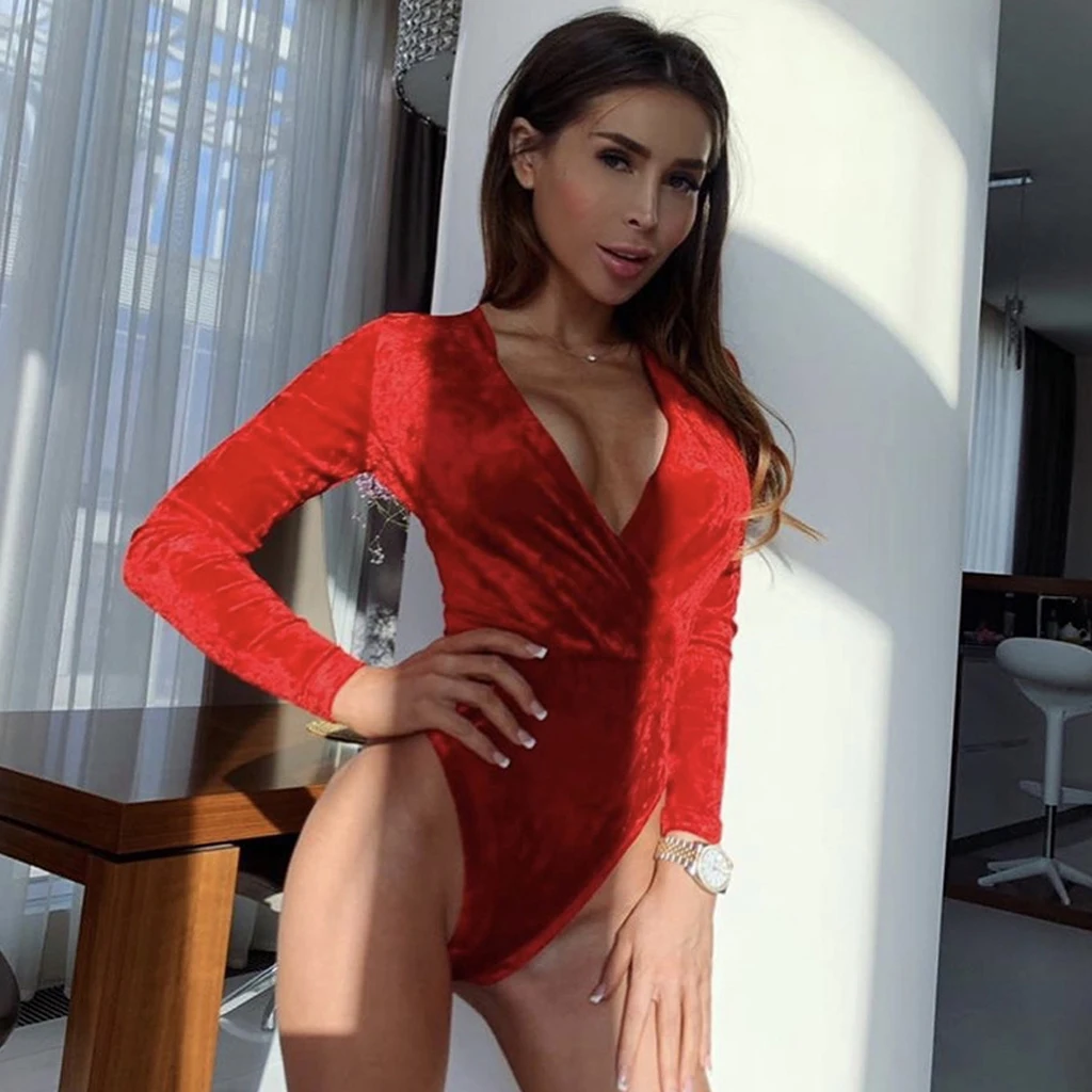 

2019 NEW Sexy Women Deep V-neck Jumpsuit Bodycon Bodysuit Top Blouse Long Sleeve Solid Stretch Leotard Party Cubwear Bodysuits