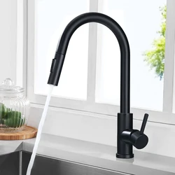 Black Kitchen Faucet Pull Out Sink Tap Single Handle Single Hole Hot & Cold Water Mixer Faucets 360 Degree Rotation Two Function
