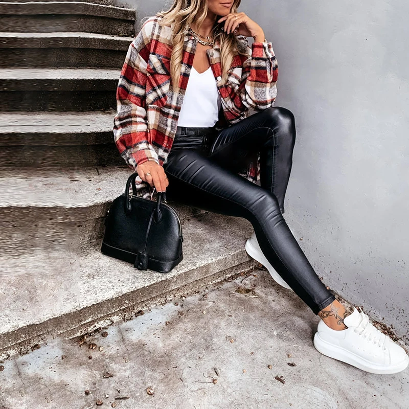 Rocwickline New Autumn & Winter Women's Shirt Casual Plaid Turn-down Collar Pockets Loose Easy matching Elegant Vintage Shirt