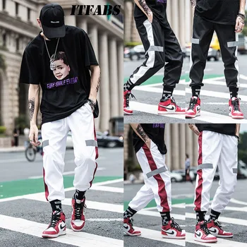 

Men Fashion Loose High Waist Long Trouser Lose Gym Sporthose Hip Hop Reflex Stripe Pants Jogging Jogginghose