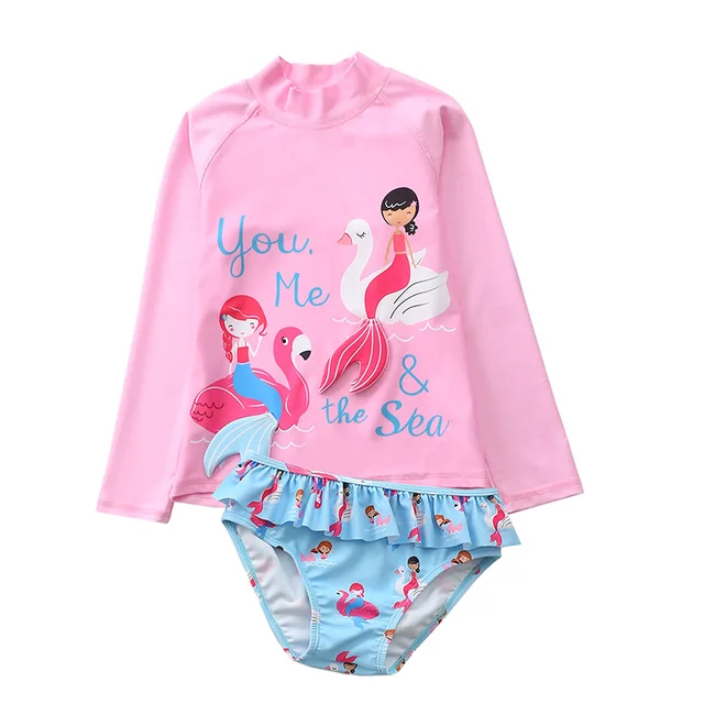Maillot De Bain 2 Pièces Fille Anti-UV - Haut Manches Longues Licorne + Short - Protection Solaire - Taille 3-4 à 15-16 Ans