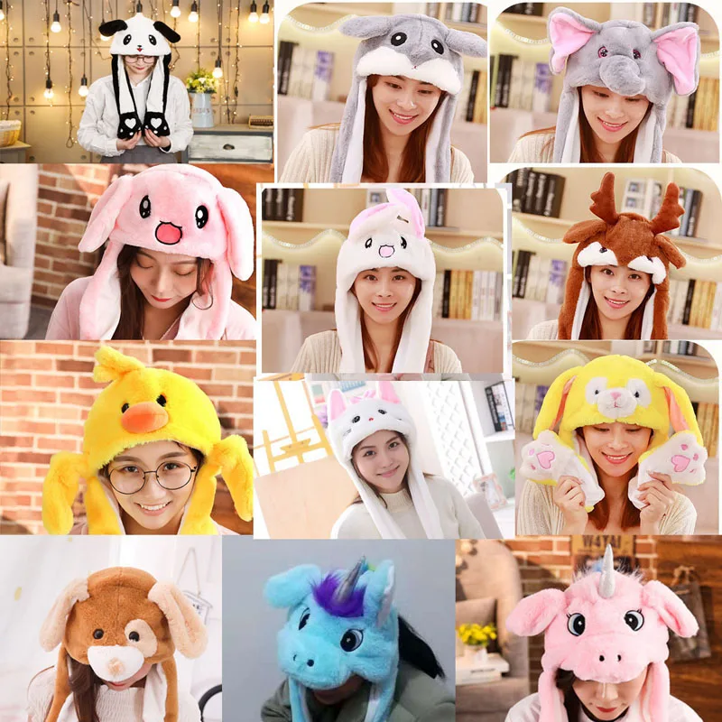 Moving Hat Rabbit Ear Plush Toy Airbag Cap Stitch Pikachu Lighted Hat Kid Gift Mickey Minnie mouse Doraemon Doll Cosplay Hat