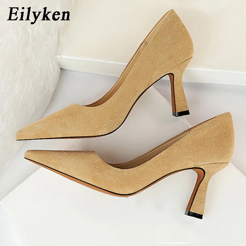 Женские офисные туфли лодочки Eilyken красные из флока на высоком каблуке с острым