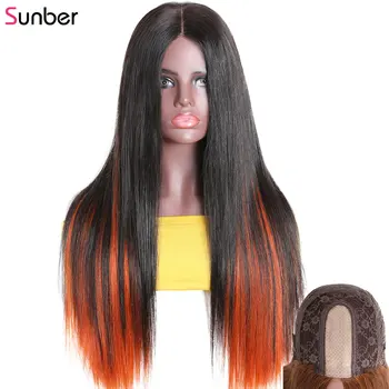 

Sunber Hidden Highlights Straight PU Silk Base Wig 150% density Long Omber Orange No Glue Brazilian Human Hair Wig
