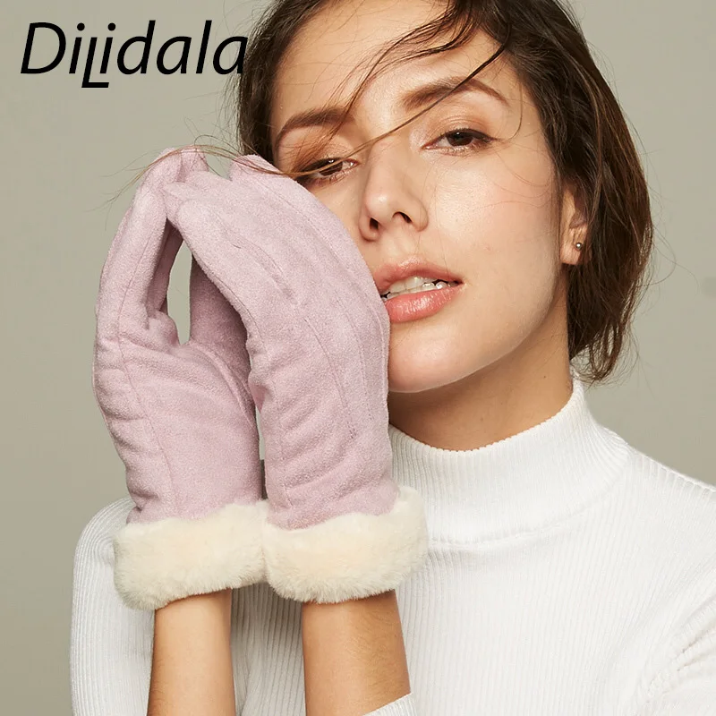 Dilidala женские зимние перчатки одноцветные плюс бархатные толстые теплые замшевые холодные студенческие перчатки с сенсорным экраном для вождения на открытом воздухе противоскользящие