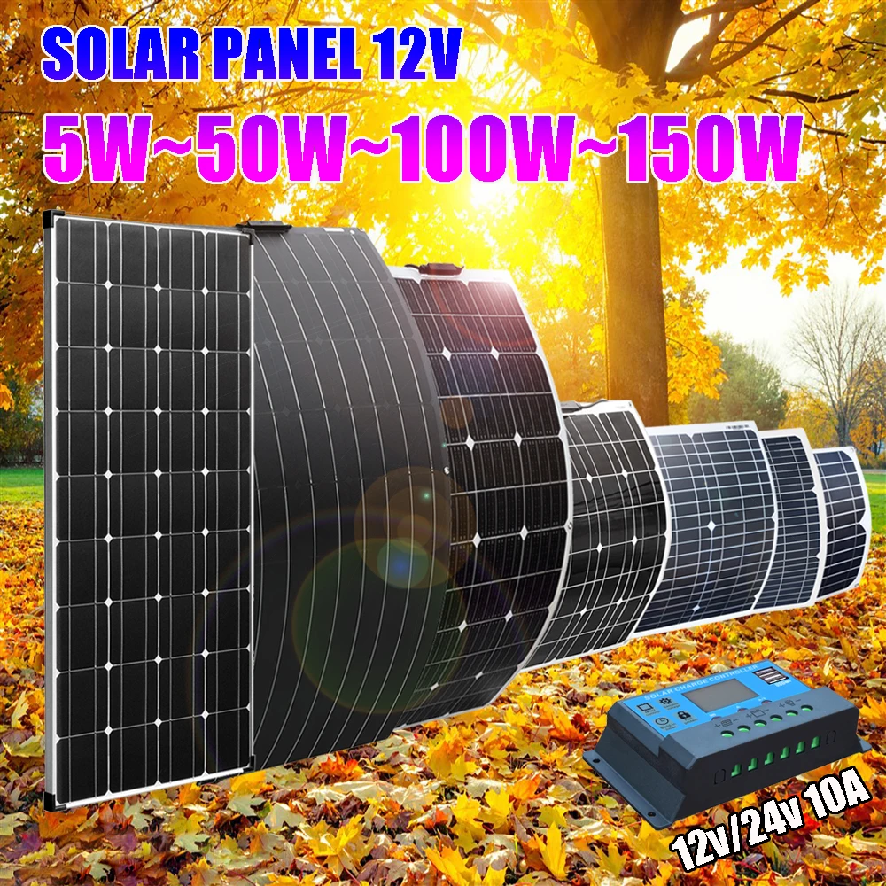solar panel 12v flexible 150w 100w 50w 6v phone battery charger kit complete photovoltaic cable for car RV boats camping 1000w |
