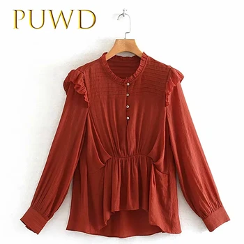 

PUWD 2019 Autumn New Brick Red Folded Layered Decorative Shirt