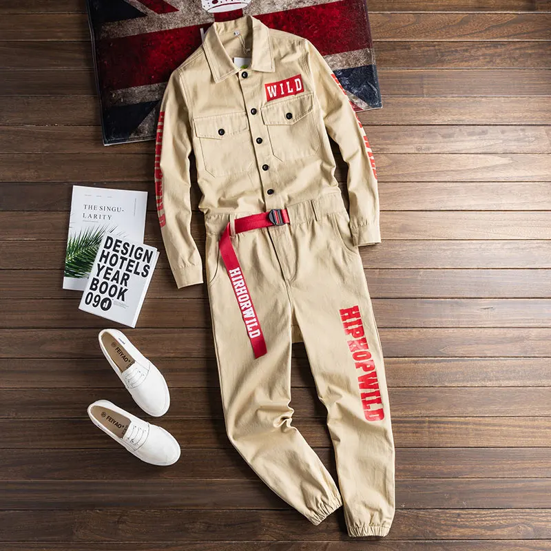 Men Spring Overalls Jumpsuit Cotton Letter Print Beam Feet Coverall Pants Multi Pocket Workwear Loose Trousers