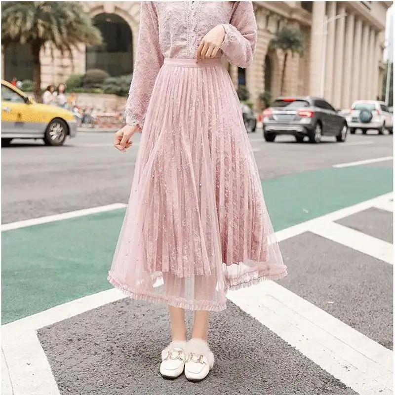 

Tulle Velvet Skirt Beading Sweet Women Spring Autumn Elegant Long Maxi Skirt Loose Casual Female High Waist Pleated Girls Skirt