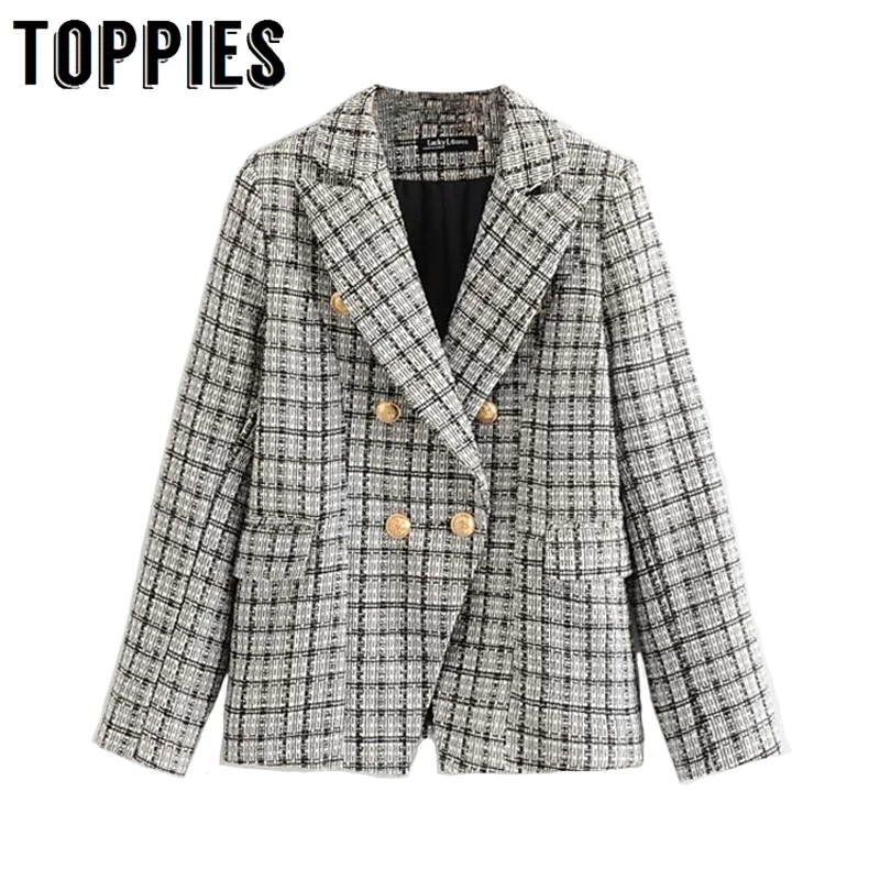 

Vintage Houndstooth Tweed Suit Jacket Gold Button Coat Double Breasted Women Lattice Jacket Windbreaker