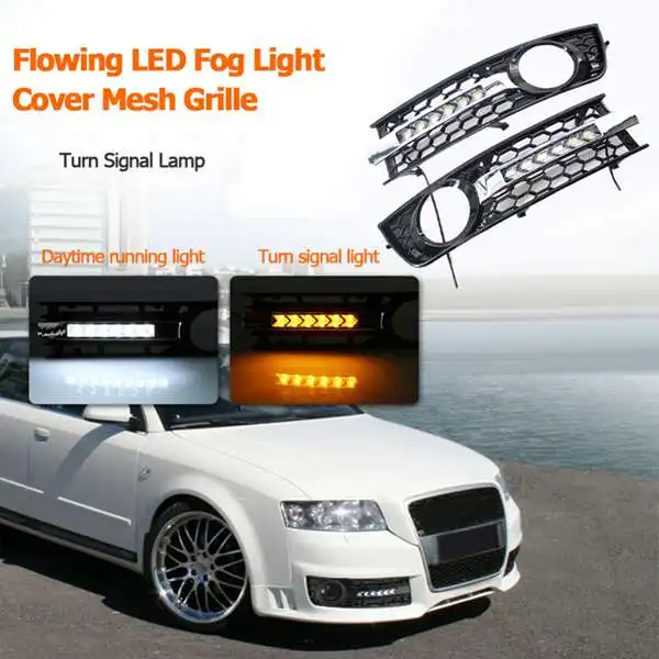  Front Bumper Fog Light Grill Grille Cover With Flowing Led Turn Signal Lamp Drl For Audi A4 B6 01-0 - 4000016745559