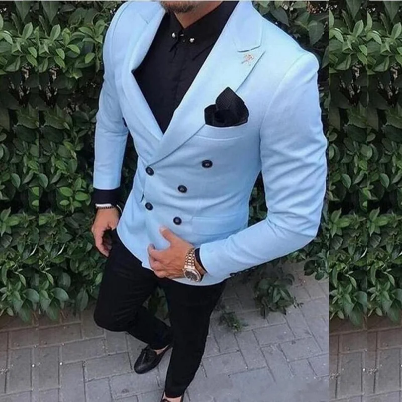 127Custom Groom Tuxedos Double Breasted Light Blue Peak Lapel Groomsmen Best Man Suit Mens Wedding Suits (Jacket+Pants)