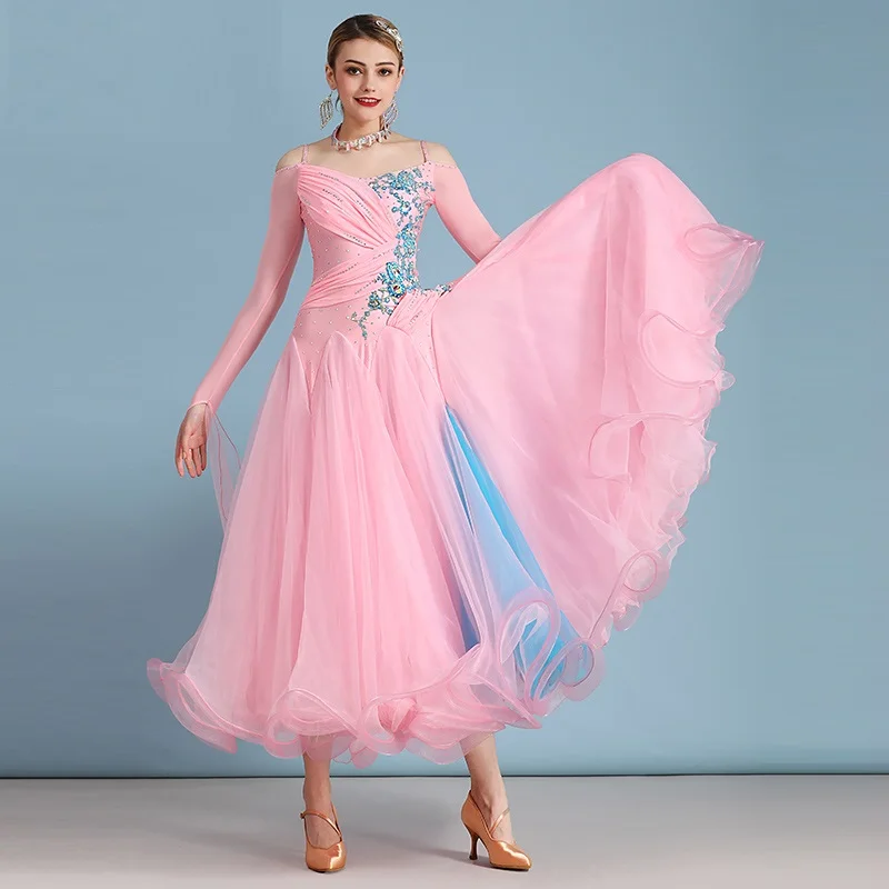 Pink Contrast Color Off Shoulder Ballroom Competition Dance Dress Waltz